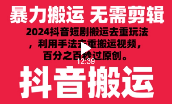 2024最新抖音搬运技术，抖音短剧视频去重，手法搬运，利用工具去重，达到秒过原创的效果-365资源网